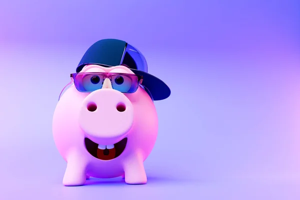 Cheerful Piggy Bank Financial Savings Concept Pastel Purple Background Rendering — Fotografia de Stock