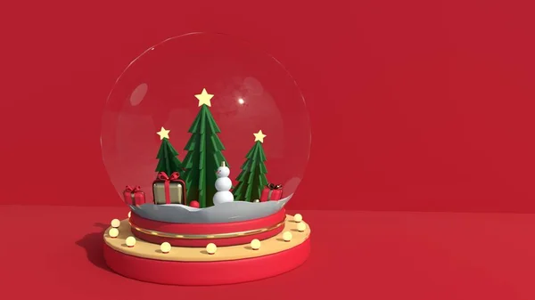 3d illustration of cartoon happy new year  greeting card: new year snowman with gifts, glass snow globe with christmas tree. Christmas snow globe