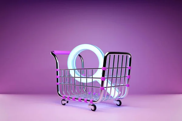 Illustration Neon Magnifying Glass Lies Grocery Cart Concept Searching Goods — Stok fotoğraf