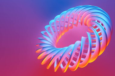 Pink and blue  futuristic neon torus donut on pink isolated background. 3D rendering