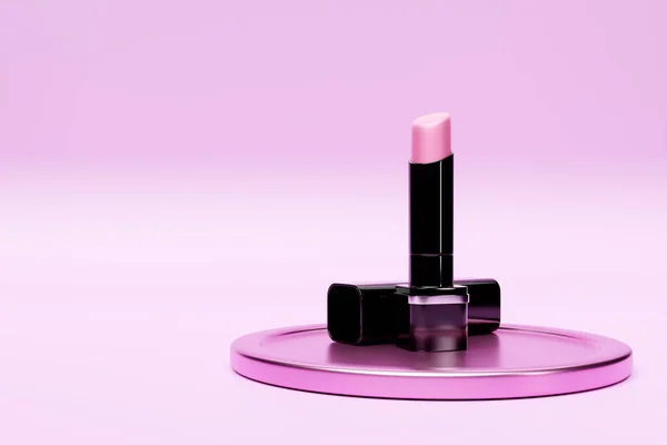 ピンクの表彰台に口紅の3Dレンダリングイラスト モダンな流行のデザイン 口紅の現実的なオープンチューブ — ストック写真