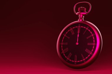 3d illustration  of antique   round clock on magenta  isolated background. Stopwatch icon, logo. Chronometer, vintage timer