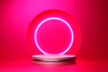 Geometrik bir kompozisyonun arka planında pembe bir podyum tezgahının 3 boyutlu çizimi. 3D görüntüleme. Minimalizm geometri arka planı