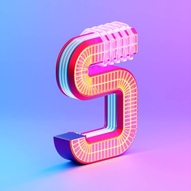 3D illustration, Number 5 five  over c neon lights on pink background. Cartoon creative design icon