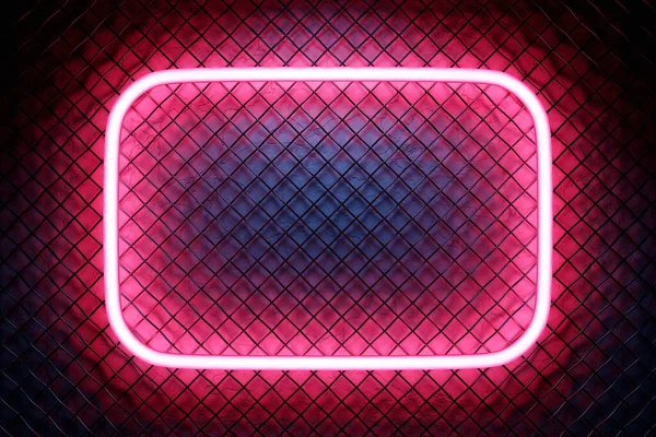 Glowing pink  neon lighting frame on metal mesh  background.