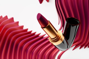 3D illustration, lipstick packaging with modern red abstract shapes. elegance cosmetic ads banner mockup. beauty makeup concept. 