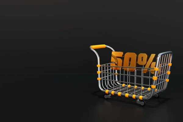 Empty Metal Supermarket Shopping Cart Side View Big Discount Realistic — Stok fotoğraf