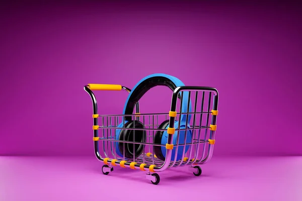 Illustration Wireless Headphones Lying Grocery Cart Concept Searching Goods Services — Stok fotoğraf