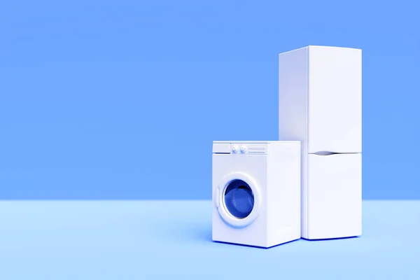 Maqueta Realista Lavadora Refrigerador Sobre Fondo Azul Electrodomésticos Para Tareas —  Fotos de Stock