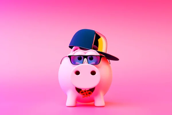 Cheerful Piggy Bank Financial Savings Concept Pastel Purple Background Rendering — Stock Photo, Image