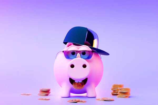Illustration Pink Piggy Bank Sunglasses Money Creative Business Concept Pink — Stock fotografie