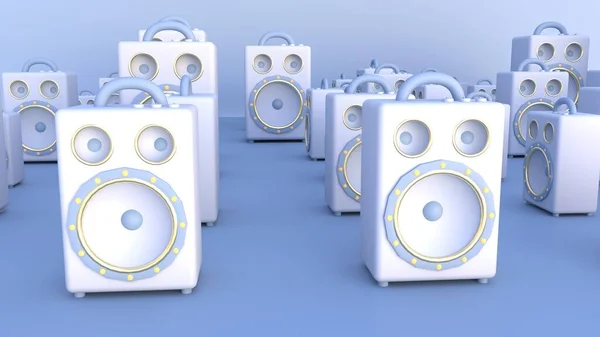 Blue music speakers - 3D rendering. The concept of online music, radio, listening to podcasts, books at full volume. Digital illustration for mobile music app, songs.