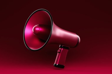 Megafon hoparlörü ya da megafon, gerçekçi 3D illüstrasyon. Zili ve sapı olan modern izole megafon hoparlörü, cankurtaran acil sinyali ve anonslar için hoparlör.