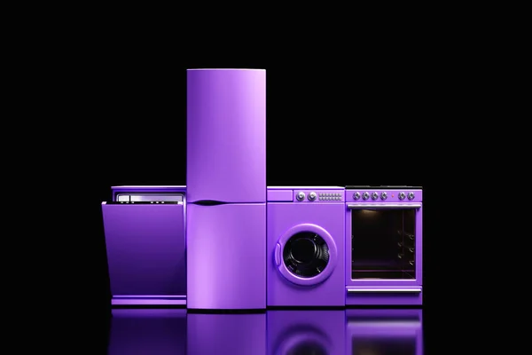 Realistic mockup of a washing machine, dishwasher, stove and refrigerator on a black background under purple lights. 3d Household appliances for household chores.