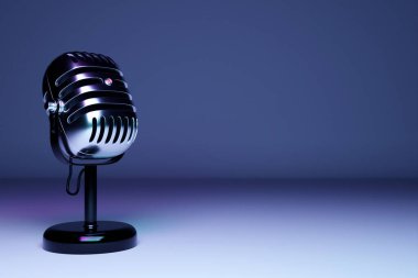 Partide 3D illüstrasyon, retro tarzı mikrofon veya mor izole arka planda konser