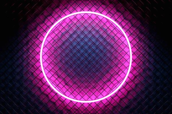 Glowing pink  neon lighting ellipse  on metal mesh  background.