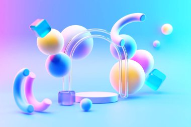 Geometrik bir kompozisyonun arka planında mor bir podyum tezgahının 3 boyutlu çizimi. 3D görüntüleme. Minimalizm geometri arka planı