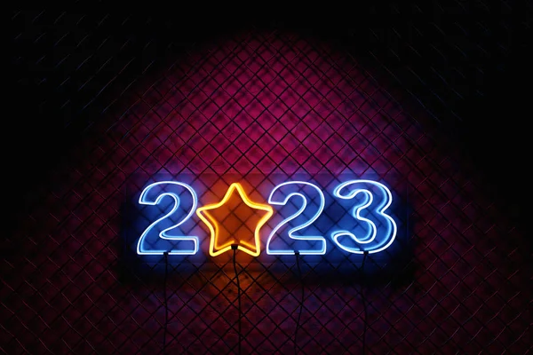 Calendar header neon  number 2023 on mesh wall background. Happy neon  new year 2023