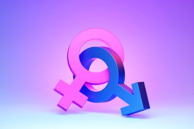 Pembe kadın ve mavi erkek cinsiyet sembolü. Asgari fikir konsepti, 3B illüstrasyon