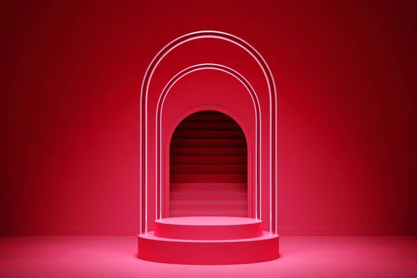 3d illustration of a  magenta  round arch at the back on a  monocrome   background. A close-up of a round monocrome pedestal.
