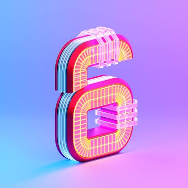 3D illustration, Number 6 six  over c neon lights on pink background. Cartoon creative design icon