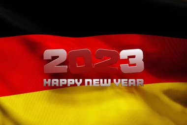 Almanya 'nın ulusal bayrağının 3D çizimi mutlu bir yeni yıl 2023 yazısıyla
