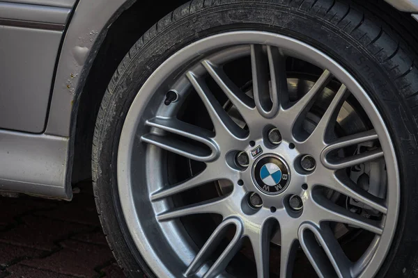 stock image Side, Turkey -February 05, 2023:     gray  BMW   ,  Car wheel with alloy wheel and new rubber on a car closeup. Wheel tuning dis 