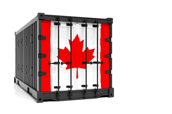 加拿大进出口 集装箱运输和国家货物交付的概念 带有加拿大国旗的运输集装箱 查看前方 — 图库照片