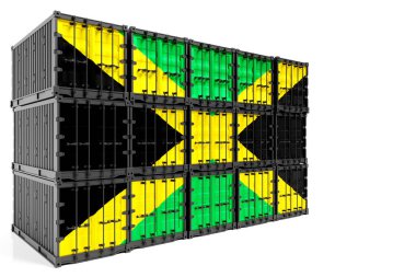  Jamaika ihracat-ithalat, konteyner taşıma ve malların ulusal teslimat kavramı. Jamaika ulusal bayrağı ile taşıma konteyner, ön görüntülemek
