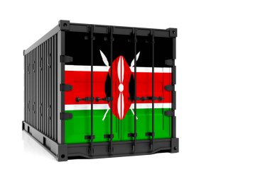  Kenya ihracat-ithalat, konteynır nakliyesi ve ulusal mal teslimatı kavramı. Kenya bayrağı taşıyan 3D illüstrasyon konteynırı, ön görünüm