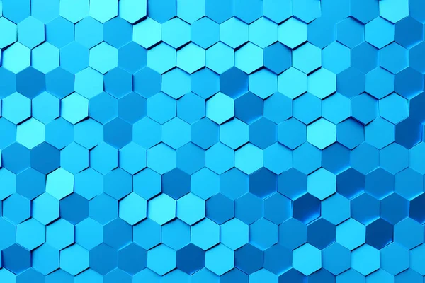 3Dイラストハニカムモザイク 幾何学的グリッド細胞の現実的なテクスチャ 六角形のグリッドと抽象的な青い壁紙 — ストック写真