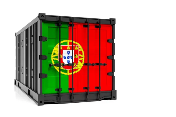 葡萄牙进出口 集装箱运输和国家交付货物的概念 带有葡萄牙国旗的3D图解容器 查看前面 — 图库照片