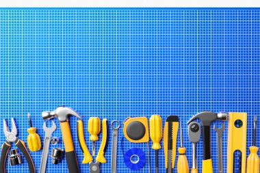 İnşaat ve onarım için çeşitli aletler. Tornavida, seviye, bant, çekiç, bıçak, makas, anahtar vs. 3B illüstrasyon
