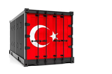  Türkiye 'nin ihracat-ithalat, konteynır taşımacılığı ve malların ulusal teslimi kavramı. Türkiye 'nin ulusal bayrağına sahip 3D illüstrasyon konteynırı, önünüze bakın