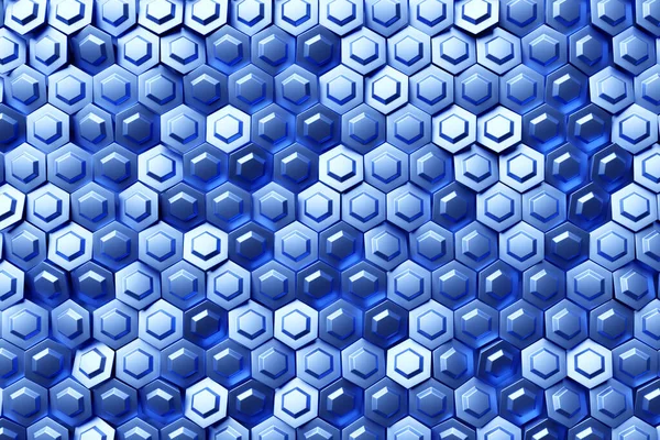 三维插图蜂窝镶嵌画 几何网格单元的真实感 带有六边形网格的抽象蓝色墙纸 — 图库照片