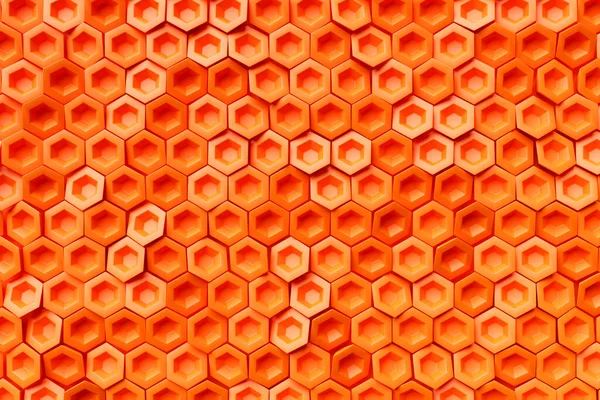用于蜂蜜的橙色单色蜂窝的3D示例 简单的几何六边形图案 马赛克背景 蜂窝概念 — 图库照片
