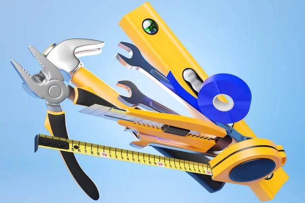 Construction tools. Hand tool for home repair and construction. wrench, cutter, electrical tape, ratchet, pliers, level  o the row. 3D illustration.