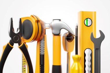 Metal bir çekiç, tornavida, pense, seviye, mezura, elektrik bandı, kağıt üzerinde sarı saplı kesici. Tamir ve kurulum için bir el aracının 3B görüntülenmesi