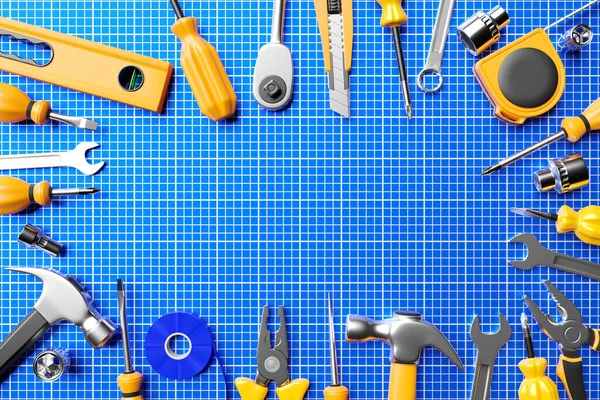 Construction tools. Hand tool for home repair and construction. wrench, cutter, electrical tape, ratchet, pliers, level  o the row. 3D illustration