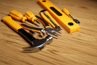 Metal bir çekiç, tornavida, pense, seviye, mezura, elektrik bandı, kağıt üzerinde sarı saplı kesici. Tamir ve kurulum için bir el aracının 3B görüntülenmesi