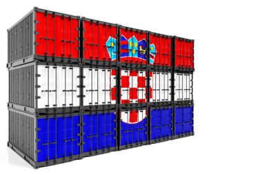  Hırvatistan 'ın ihracat-ithalat, konteynır taşımacılığı ve malların ulusal teslimi kavramı. Hırvatistan 'ın ulusal bayrağına sahip 3D illüstrasyon konteyneri, ön tarafa bak