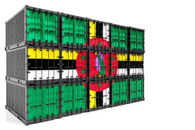  Dominica ihracat-ithalat, konteynır taşımacılığı ve malların ulusal teslimatı kavramı. Önünde Dominica bayrağı bulunan 3D illüstrasyon kutusu