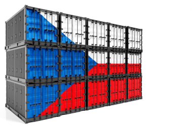  Çek ihracat-ithalat, konteynır taşımacılığı ve ulusal mal teslimatı kavramı. Çek bayrağı taşıyan 3D illüstrasyon konteynırı, önünüze bakın