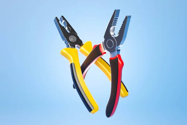 3D illustration of a pliers in cartoon style on a blue background. Hand carpentry tool for the workshop.