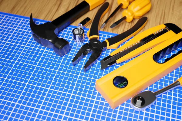Illustration Metal Hammer Screwdrivers Pliers Level Tape Measure Electrical Tape — Stock Photo, Image