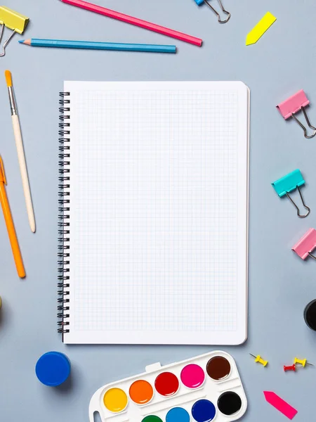 Top View Arrangement Notepad White Sheets Pens Pencils Paper Clips — Stock Photo, Image