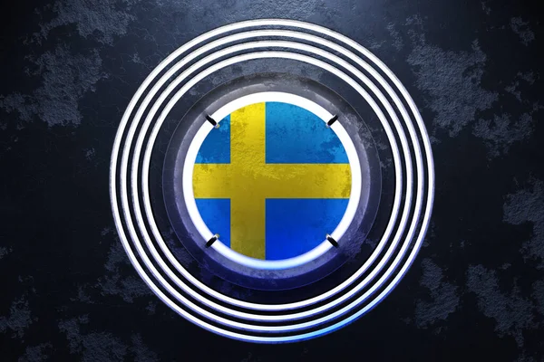 Ilustrace Švédské Národní Vlajky Bílém Neonovém Kulatém Rámu Černém Pozadí — Stock fotografie