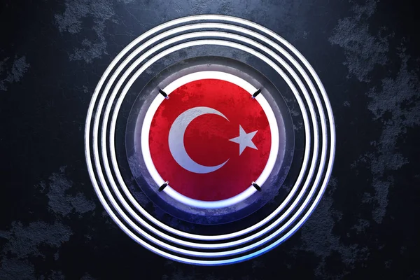 Illustration Der Türkischen Nationalflagge Einem Weißen Neonrunden Rahmen Auf Schwarzem — Stockfoto