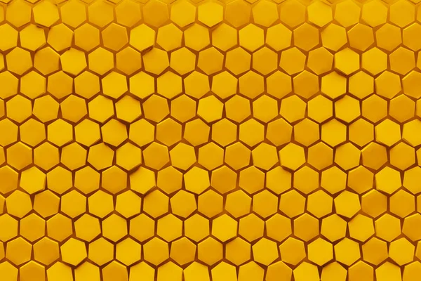 一个用于蜂蜜的黄色蜂窝单色蜂窝的3D示例 简单几何六边形图案 马赛克背景 — 图库照片