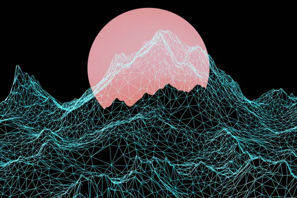 3d rendering, Virtual reality, road from geometric lines between the mountains to the setting sun.Design in the style of the 80s.  Futuristic synthesizer retro wave illustration